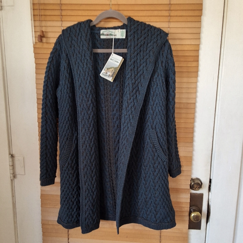 Aran Crafts Cable Knit Herringbone Shawl Collar Hooded Sweater Coat XS N… - Picture 3 of 9